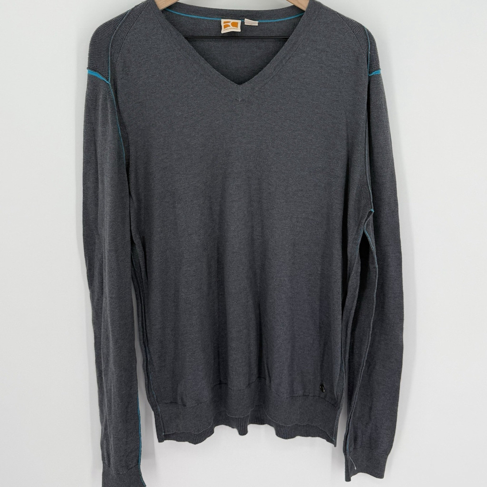 Boss Orange Gray Wool Blend Knit V Neck Pullover Sweater Men’s XL
